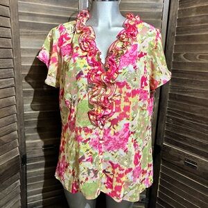 Cato Vibrant Floral Pink/Green Button Shirt Top Ruffle Neckline Feminine 18/20W